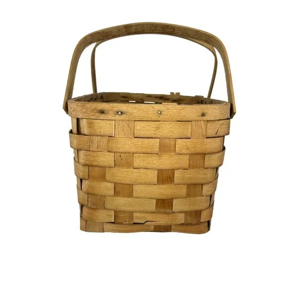 Vtg Basketville Woven Wood Picnic Basket Swing Handles Farmhouse Rustic Decor - Picture 11 of 16